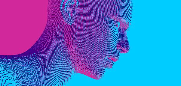 istock Abstract digital human head constructing from cubes. Minimalistic design for business presentations, flyers or posters. Technology and robotics concept. Voxel art. 3D vector illustration. 1367480658