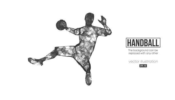 bildbanksillustrationer, clip art samt tecknat material och ikoner med abstract silhouette of a wireframe handball player from particles on the background. convenient organization of eps file. vector illustartion. thanks for watching - handball
