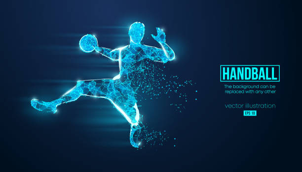 abstrakte silhouette eines drahtgitter-handballspielers aus partikeln im hintergrund. bequeme organisation der eps-datei. vektor-illustartion. danke fürs zuschauen - handball stock-grafiken, -clipart, -cartoons und -symbole
