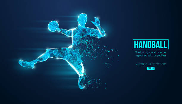 Abstract silhouette of a wireframe handball player from particles on the background. Convenient organization of eps file. Vector illustartion. Thanks for watching Abstract silhouette of a wireframe handball player from particles on the background. Convenient organization of eps file. Vector illustartion. team handball stock illustrations