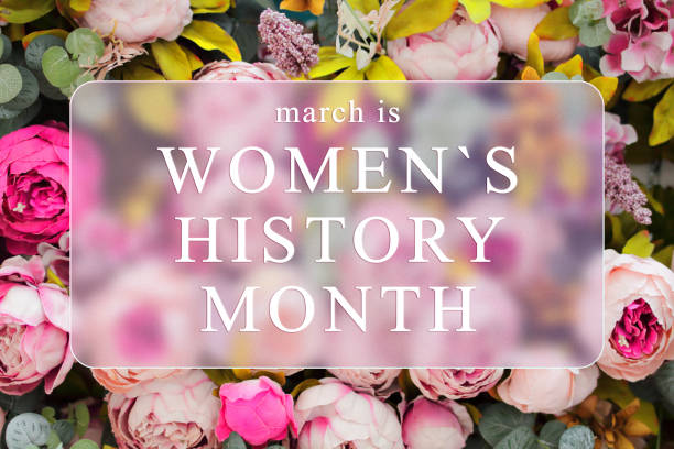 March is Women's History Month festive card with glassmorphism effect. stock photo