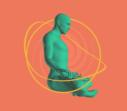 Relaxed man sits in lotos posture. Time for yoga, meditation or relaxation. Healthy lifestyle. 3D model of man. Vector illustration for logo, banner, flyer, poster, cover or brochure.