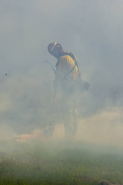 istock Side view of firefighter in protective gear using flapper tool to put out smoky grass fire 1367481901