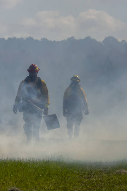 Firefighters attack a propane fire during a training exercise.