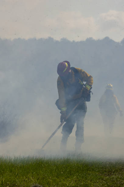 istock Firefighter in protective gear using tool to put out smoky grass fire with unburned grass in foreground 1367481951