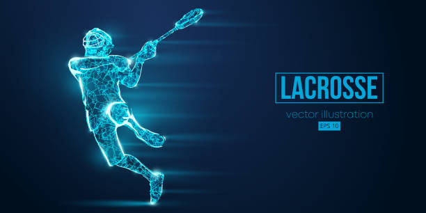 istock Abstract silhouette of a wireframe lacrosse player from particles on the blue background. Convenient organization of eps file. Vector illustartion. Thanks for watching 1367483219