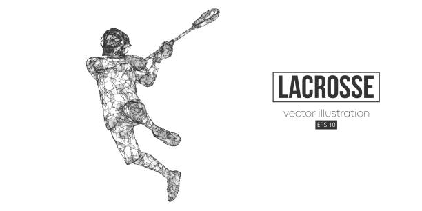 abstrakte silhouette eines wireframe-lacrosse-spielers aus partikeln auf weißem hintergrund. bequeme organisation der eps-datei. vektor-illustartion. danke fürs zuschauen - lacrosse stock-grafiken, -clipart, -cartoons und -symbole