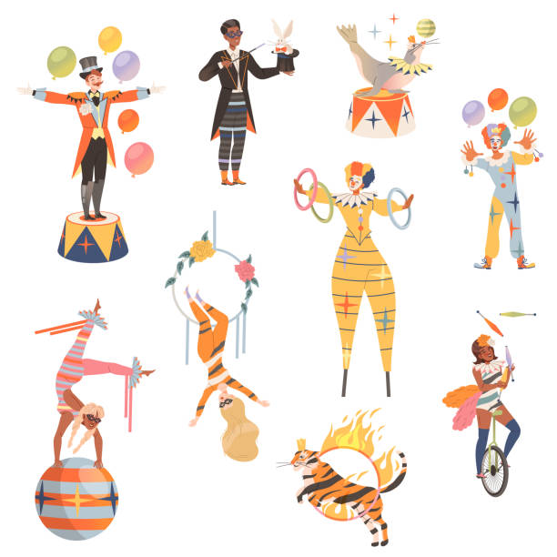 ilustrações de stock, clip art, desenhos animados e ícones de circus artists performing at show, carnival party set. magician, aerialist, strongman, acrobat and animals doing tricks cartoon vector illustration - unicycling unicycle cartoon balance