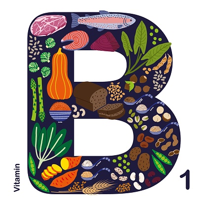 Vegetables, fruit, dairy, fish and meat - healthy food rich in vitamin B1 - letter B