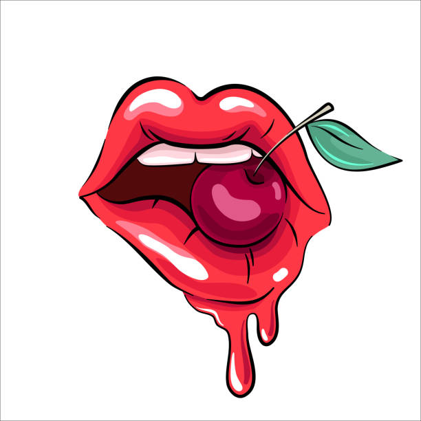 Woman lips with a cherry vector art illustration