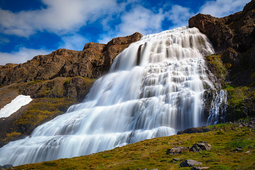 Closeup view of the Dynjandi waterfall, also known as Fjallfoss, located on the Westfjords peninsula in northwestern Iceland. Long exposure.
