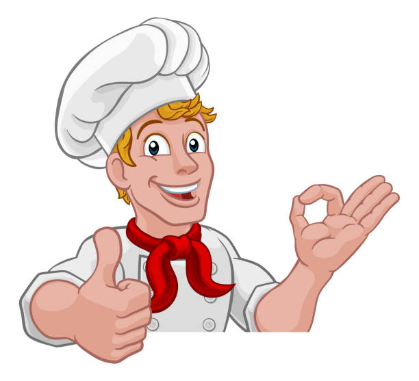 chefkoch bäcker mann cartoon späht über schild - catering stock-grafiken, -clipart, -cartoons und -symbole