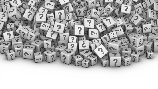 Question Marks Cubic Background. Many White Cubes with Interrogation. 3D render