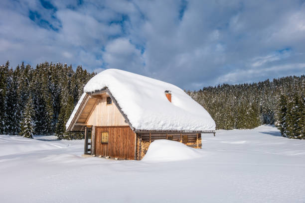 Mountain hut on a snowy alpine meadow on Pokljuka (Grajska planina), Slovenia
