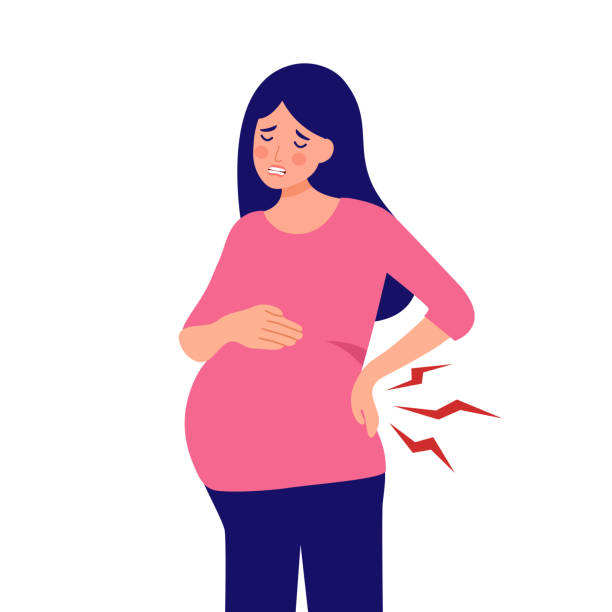 kobieta w ciąży z objawem bólu pleców w płaskiej konstrukcji na białym tle. zmęczona kobieta w ciąży. - backache stock illustrations