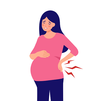 Pregnant woman having backache symptom in flat design on white background. Tired pregnant female.