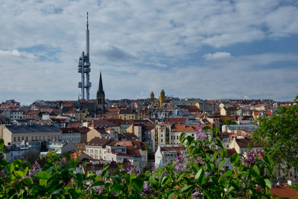 blick auf den fernsehturm zizkov vom vitkov-hügel in prag im high-tech-architekturstil. - vitkov stock-fotos und bilder