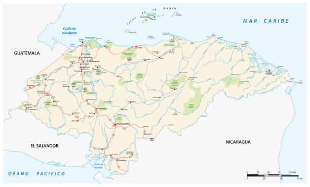 карта дорог и национальных парков центральноамериканского штата гондурас - древние цивилизации stock illustrations