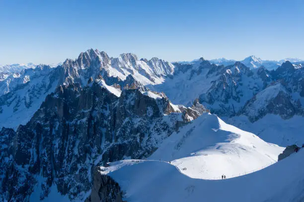 Sunny day, blue sky, clear, views from the Aiguille du Midi in Chamonix-Mont Blanc, France.