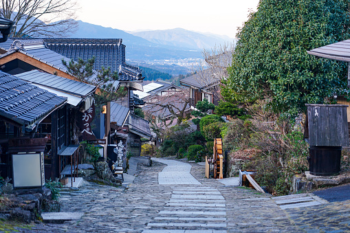 On a sunny day in March 2021, I took a walk in Magome-juku on Nakasendo in the early morning.\nThe houses of traditional Japanese architecture were beautiful because there was only a cityscape that was selected as an important traditional buildings preservation district of the country.
