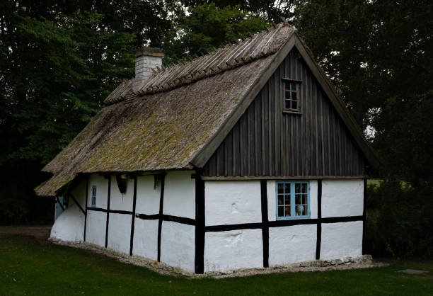 Højerup, Denmark - Sep 14th 2021: Traditional old medieval Half-timbered house with thatched roofing.