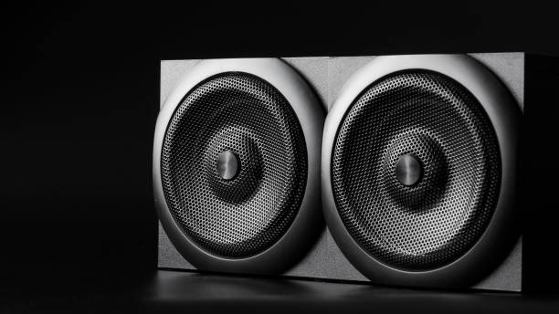 istock Two single-sided speakers on a black background. Horizontal placement. Wooden case. Hi-end analog acoustics for studio, music center or home theater. Duotone 1367498962