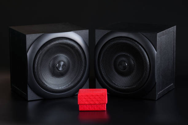 istock Red gift box and two single-way audio speakers on a black background. Hi-end analog acoustics of a studio, music center or home theater. Musical gift concept 1367498974