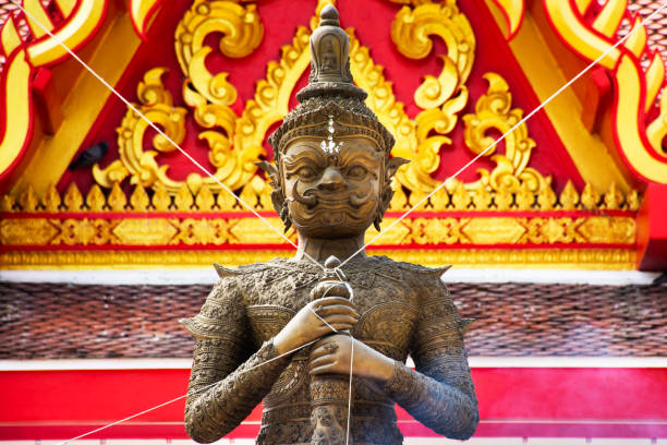 King Thao Wessuwan or Vasavana Kuvera giant statue for thai people travel visit respect praying holy deity mystery at Wat Phang Muang temple in Si Prachan of Suphanburi city in Suphan Buri, Thailand stock photo
