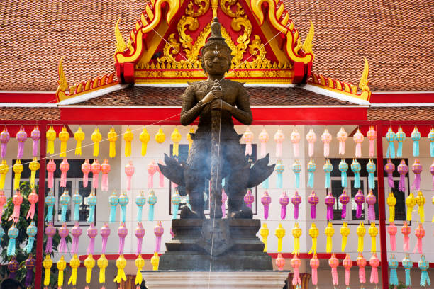 King Thao Wessuwan or Vasavana Kuvera giant statue for thai people travel visit respect praying holy deity mystery at Wat Phang Muang temple in Si Prachan of Suphanburi city in Suphan Buri, Thailand stock photo
