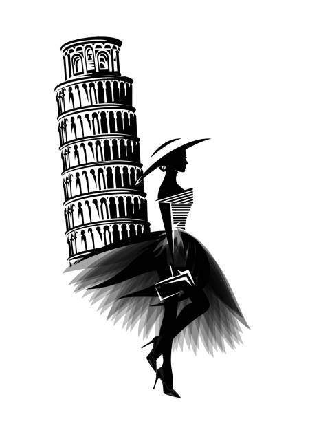 vector portrait of haute couture fashion blogger wearing dress and wide brimmed hat in Pisa, Italy vector portrait of beautiful glamorous woman wearing stylish clothes in Italy - haute couture dress, fashionable high heels and wide brimmed hat with clutch bag with leaning tower of Pisa in the background fashion designer logos images stock illustrations