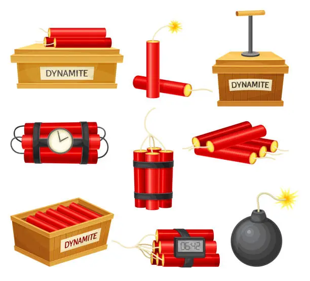 Vector illustration of Dynamite bombs set. Red dynamite sticks, detonator box and bomb with wick vector illustration