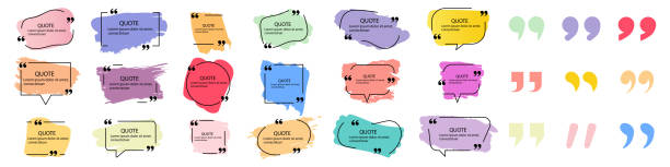 Collection of quote box frames and icons. Text in brackets. Blank template of quote remarks. Empty speech and quote bubbles of different forms. Textbox on color background. Vector illustration. EPS 10 Collection of quote box frames and icons. Text in brackets. Blank template of quote remarks. Empty speech and quote bubbles of different forms. Textbox on color background. Vector illustration. EPS 10 quotation mark stock illustrations