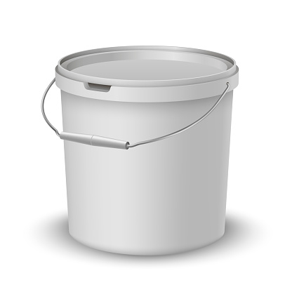 White plastic bucket with lid handle realistic vector pail for food products, paint, household stuff