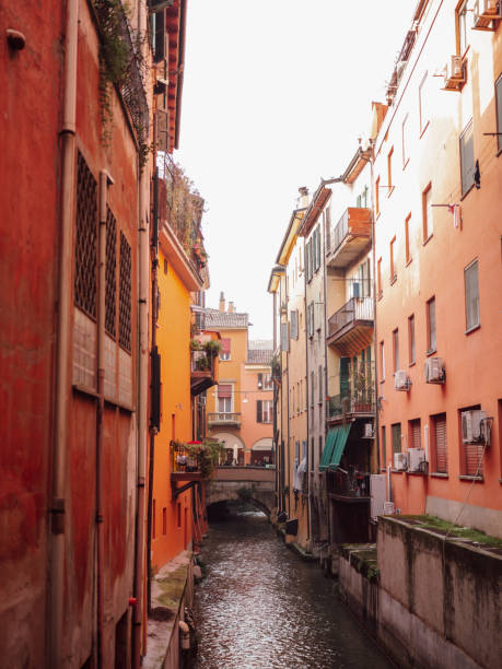 Colorful canal of Bologna Italy stock photo