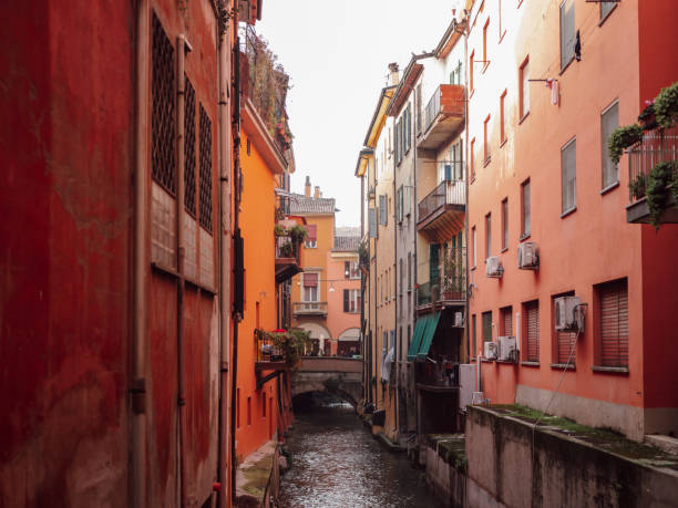 Colorful canal of Bologna Italy stock photo