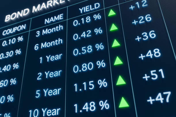 Close-up bond market trading screen  with rising yields. Coupons, rates, yields  and other informations are displayed. Interest rates concept. 3D illustration dealing stock pictures, royalty-free photos & images