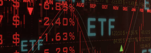 ETF investment, Exchange traded funds.  Close-up red illuminated trading screen with financial figures, quotes and percentages. Stock market, ETF investments concept. 3D illustration exchange traded fund stock pictures, royalty-free photos & images
