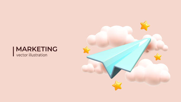Paper plane in pink sky. Realistic 3d design. vector art illustration