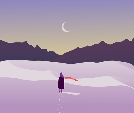 A lonely girl walks through the snow, leaving footprints behind her. The red scarf flutters in the wind. Vector illustration. Landscape in purple tones with mountains, snow and crescent moon.