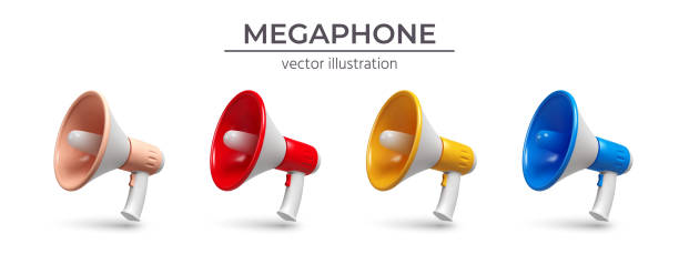 illustrazioni stock, clip art, cartoni animati e icone di tendenza di set di quattro megafoni con ombra in diversi colori isolati su bianco. - megafono