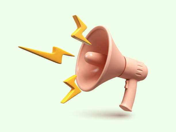 Marketing or advertising concept, 3d megaphone loudspeaker with yellow lightnings. vector art illustration