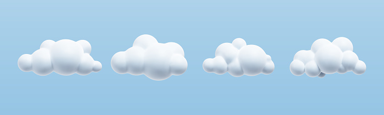 Set of white 3d clouds isolated on a blue background. Render soft round cartoon fluffy clouds icon in the blue sky. Realistic 3d symbol design. Vector illustration