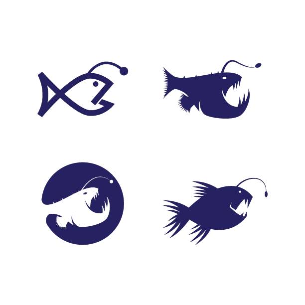ilustraciones, imágenes clip art, dibujos animados e iconos de stock de logotipo del pez pescador - anglerfish