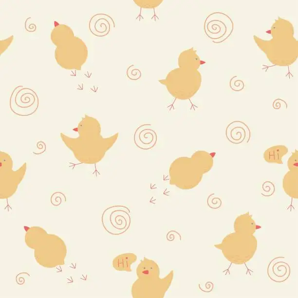 Vector illustration of seamless endless pattern with little chicks and spirals flat vector illustration