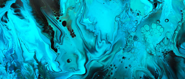 flüssige kunst. blaue abstrakte welle wirbelt auf schwarzem banner. hintergrund oder textur mit marmoreffekt - malachite stock-fotos und bilder