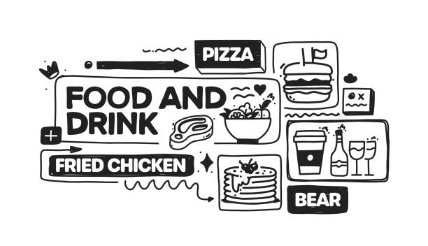 Food and Drink object and elements. Vector doodle illustration collection. Hand drawn icon set or banner template Food and Drink object and elements. Vector doodle illustration collection. Hand drawn icon set or banner template food cake tea sketch stock illustrations