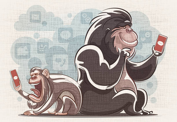 ilustraciones, imágenes clip art, dibujos animados e iconos de stock de chimpancé y gorila se comunican consecutivamente a través de un teléfono inteligente - telephone chimpanzee monkey on the phone