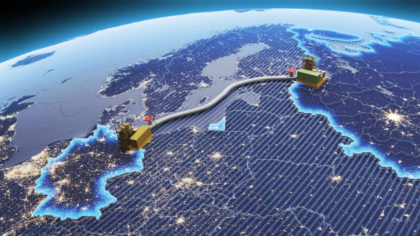 renderização 3d da construção do tubo de gás nord stream 2. o conceito de sanções e guerra econômica, uma bigorna caindo sobre um cano de gás. renderização 3d - distribution maps - fotografias e filmes do acervo