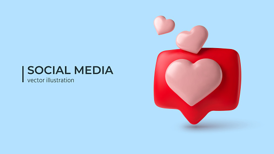 Social media like icon concept. Comment and Follower. Realistic 3d Love icon, heart in speech bubble. Dialog, Chat Speech Bubble. Vector illustration