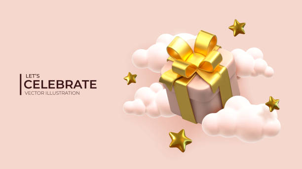 istock Trendy color Gift box around the clouds and stars. 1367526511